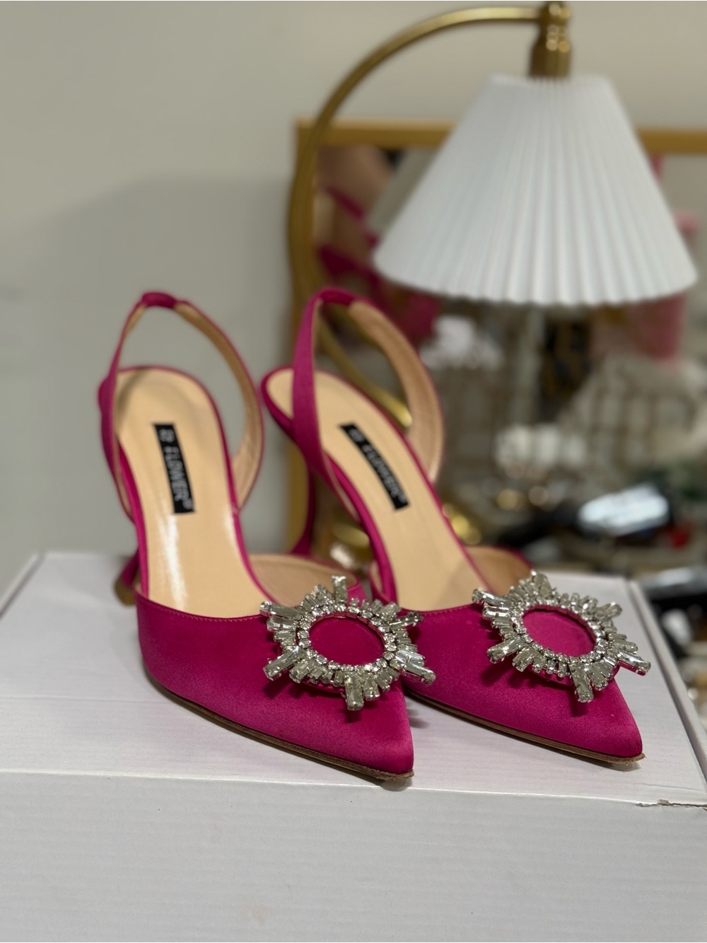 Women's Fuchsia Satin Slingback Heels with Crystal Brooch